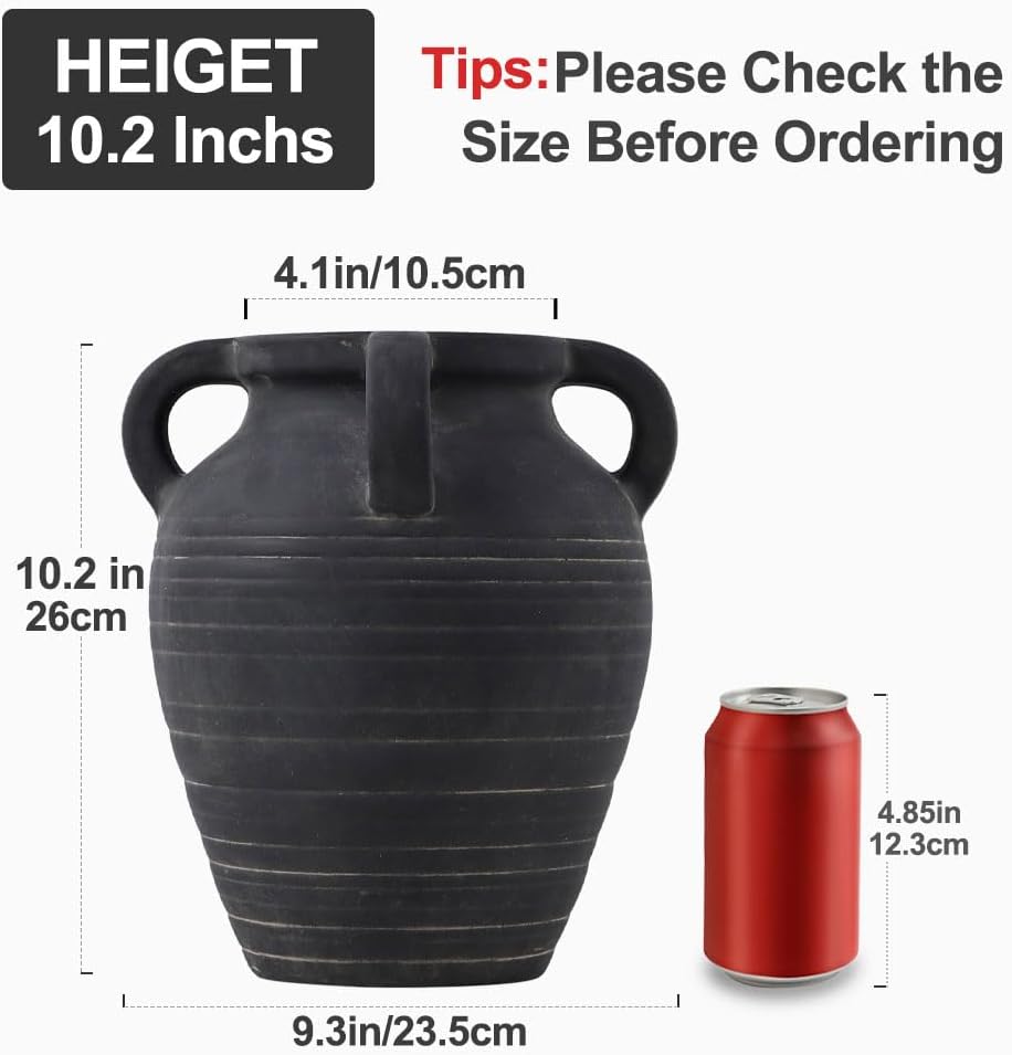 Handmade Black Vase - 10" Tall Terracotta Vases with 4 Ear Design, Wide Mouth