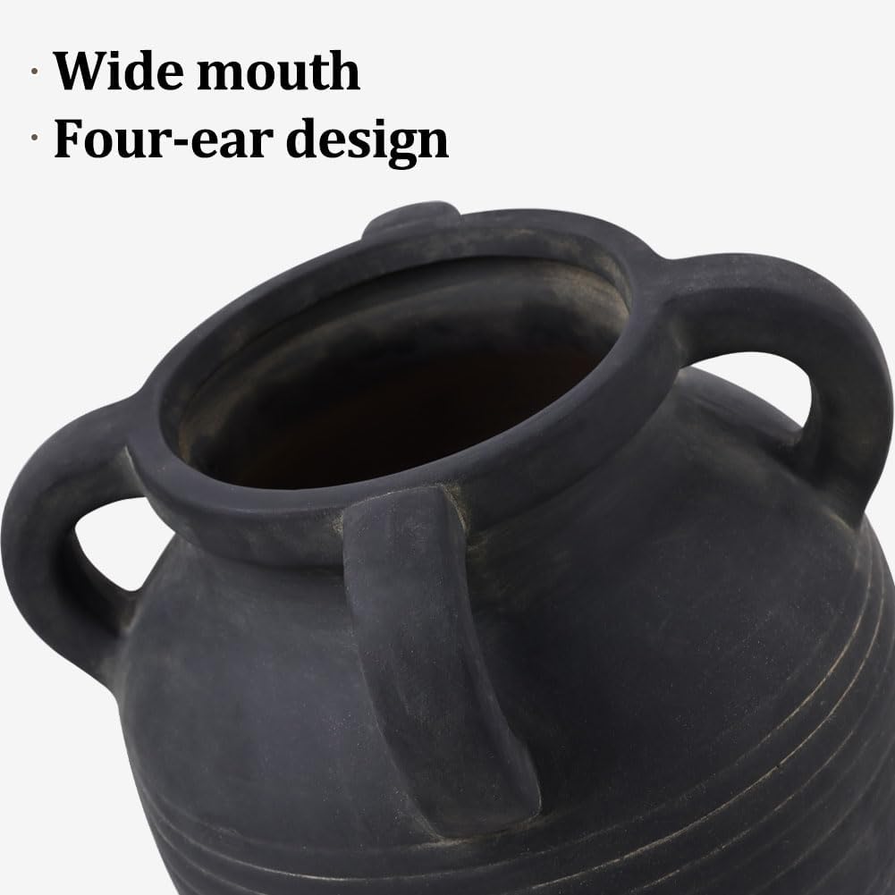 Handmade Black Vase - 10" Tall Terracotta Vases with 4 Ear Design, Wide Mouth