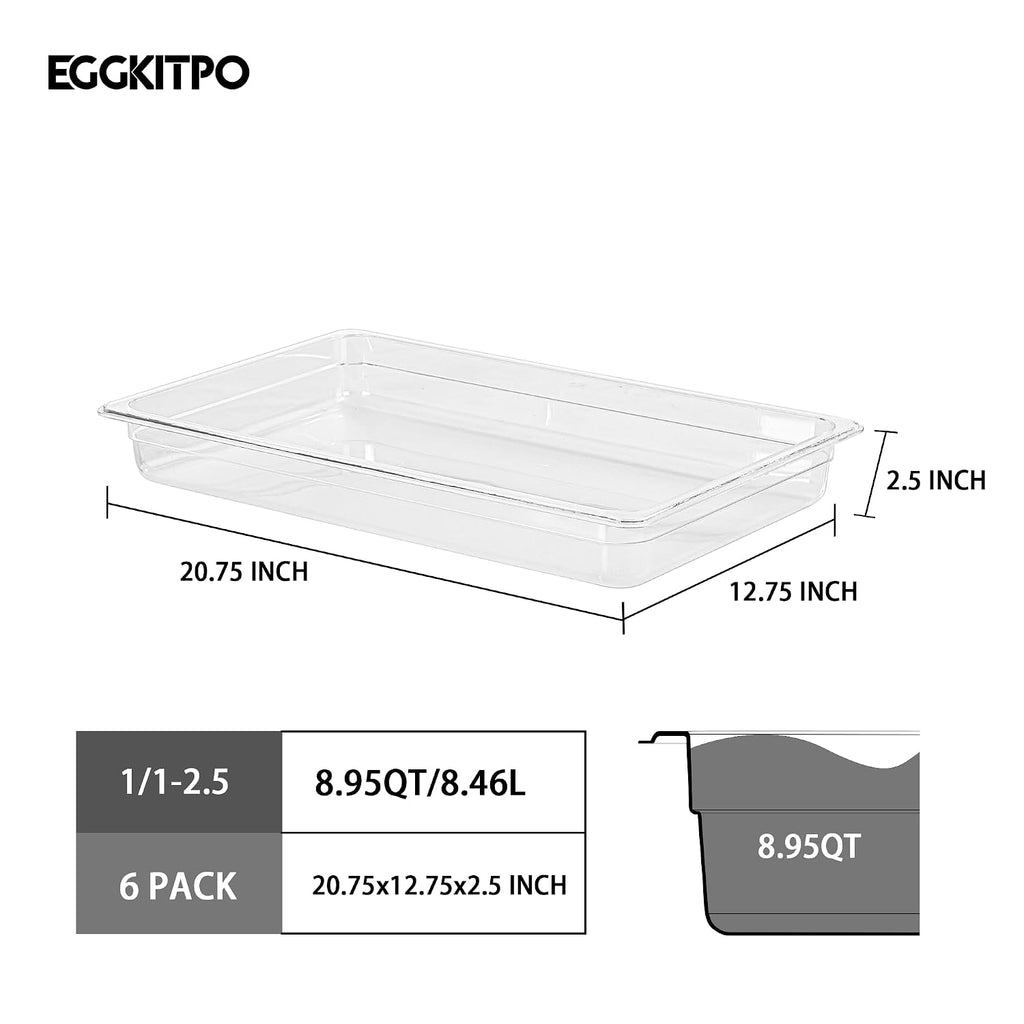 EGGKITPO Polycarbonate Full Size Food Pans 6 Pack BPA Free 2.5 Inch Deep Pan