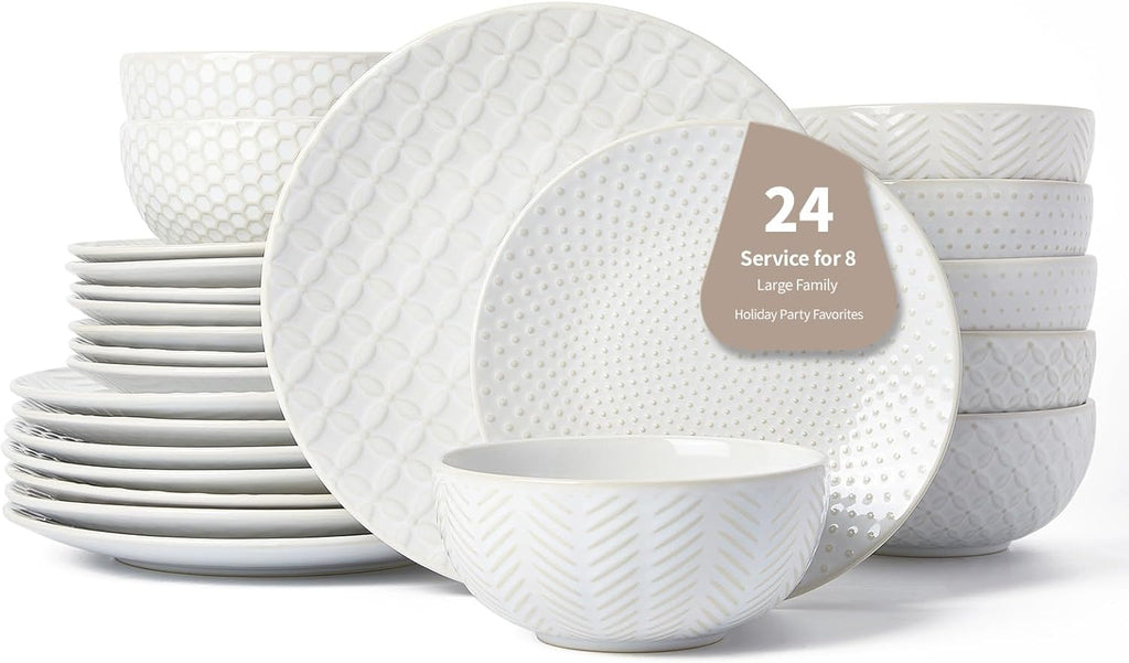 24 Piece Dinnerware Sets for 8, Premium Stoneware Plates and Bowls Sets