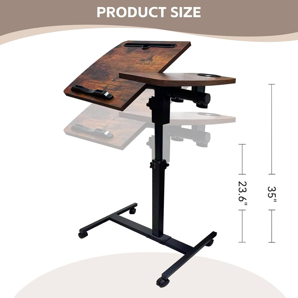 YAQUHO Overbed Table with Wheels Adjustable Height, Tiltable Desktop with Tray