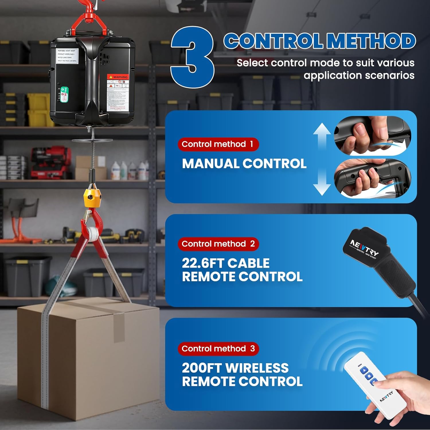 NEWTRY 3 in 1 Electric Hoist Winch 1,100lb Wireless Remote Control, Cable