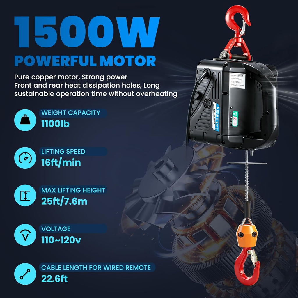 NEWTRY 3 in 1 Electric Hoist Winch 1,100lb Wireless Remote Control, Cable