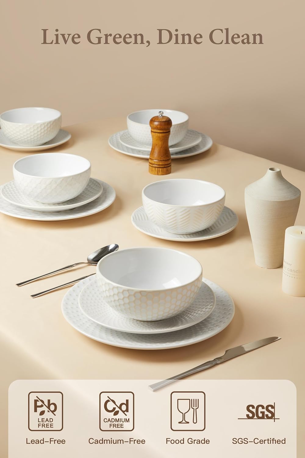 24 Piece Dinnerware Sets for 8, Premium Stoneware Plates and Bowls Sets