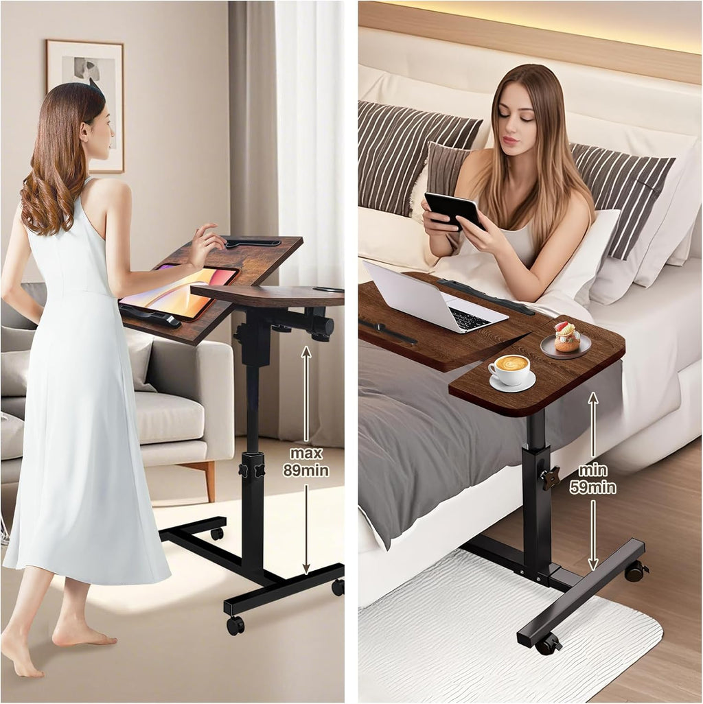 YAQUHO Overbed Table with Wheels Adjustable Height, Tiltable Desktop with Tray