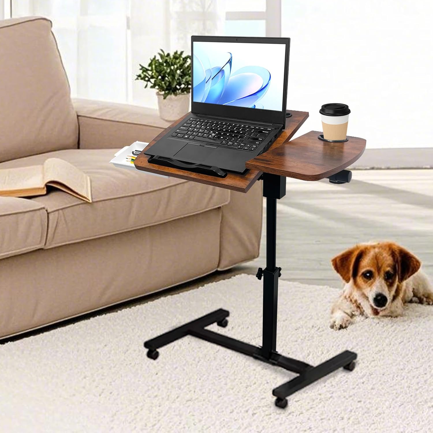 YAQUHO Overbed Table with Wheels Adjustable Height, Tiltable Desktop with Tray