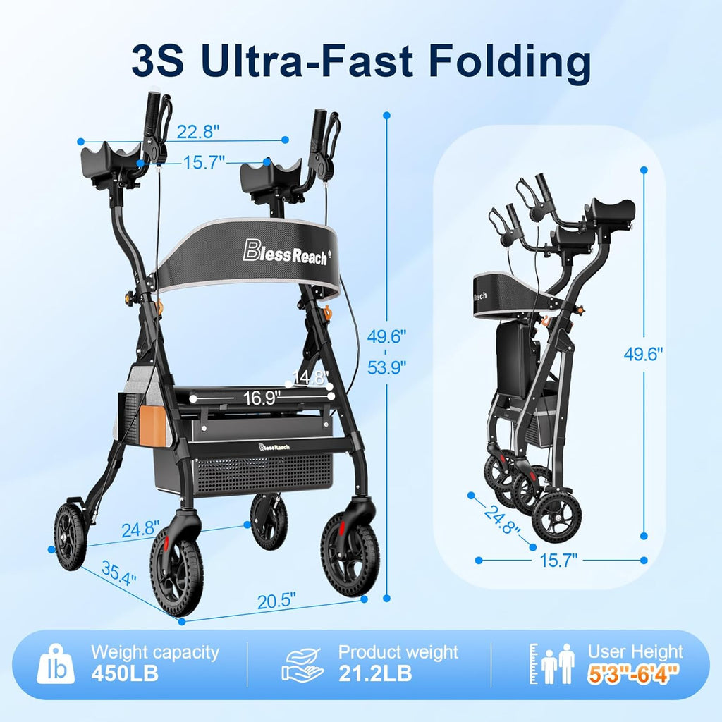 BlessReach Heavy Duty Upright Rollator Walker for Seniors, 450lb Capacity, 6