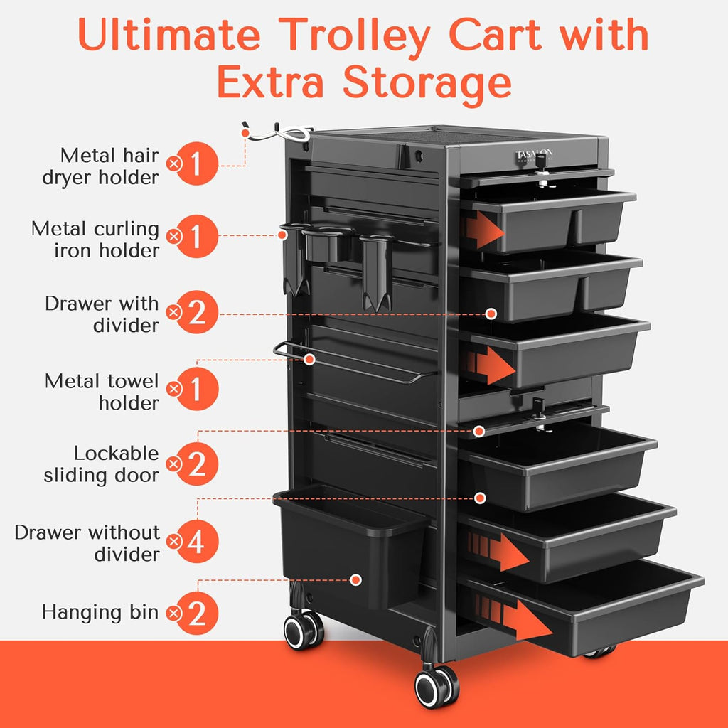 TASALON Professional Rolling Salon Cart, 6-Drawer Storage Trolley with Tool