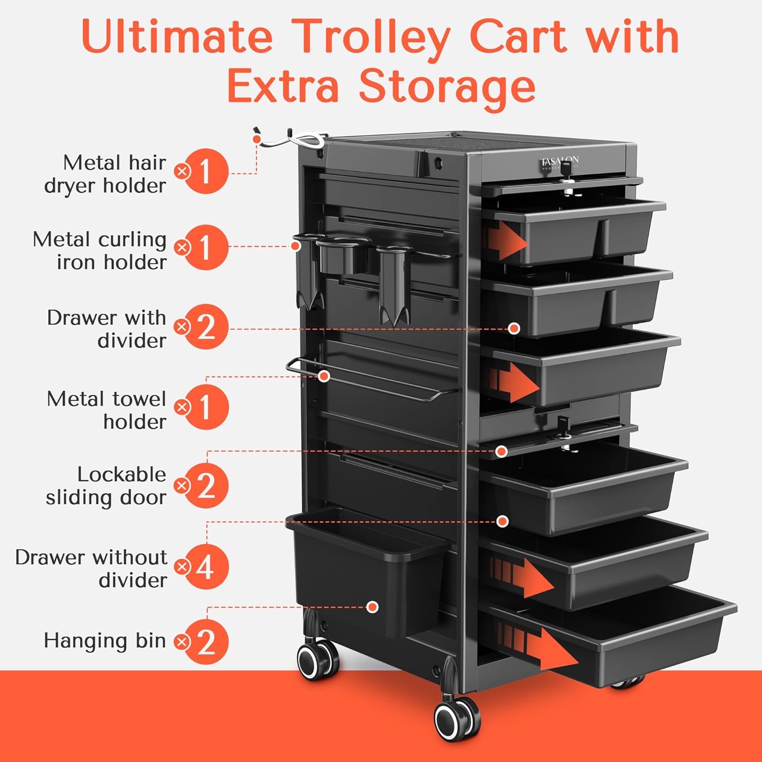 TASALON Professional Rolling Salon Cart, 6-Drawer Storage Trolley with Tool