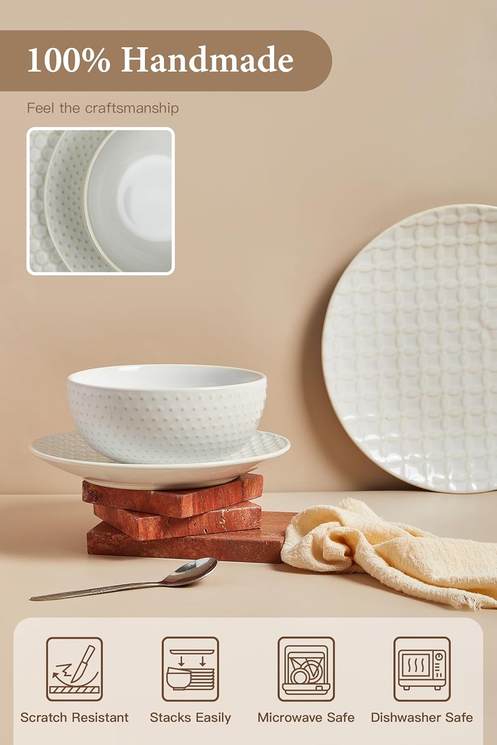 24 Piece Dinnerware Sets for 8, Premium Stoneware Plates and Bowls Sets