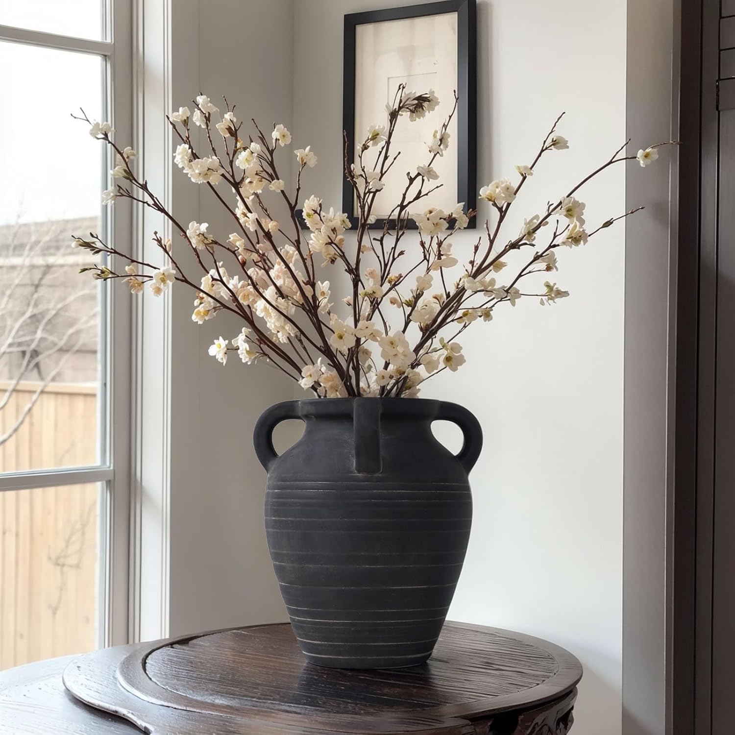 Handmade Black Vase - 10" Tall Terracotta Vases with 4 Ear Design, Wide Mouth
