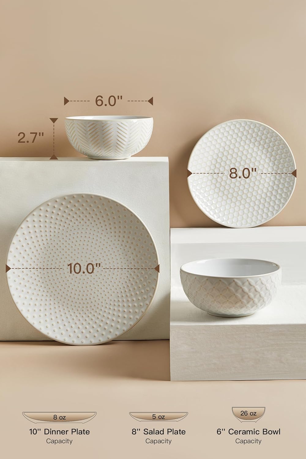 24 Piece Dinnerware Sets for 8, Premium Stoneware Plates and Bowls Sets