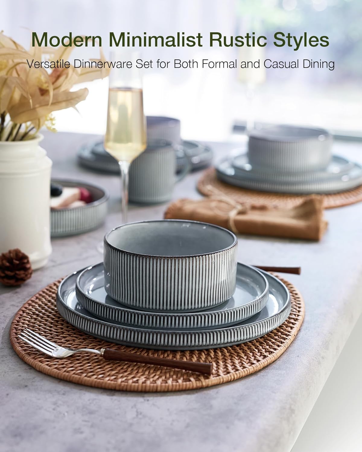 Famiware Star Dinnerware Set with Mugs, Service for 4 , Ribbed Stoneware Plates