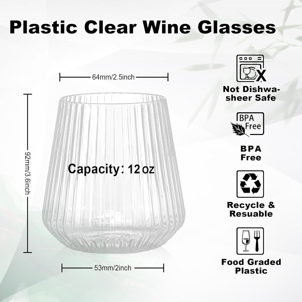 BESTSTAR 36 Pcs 12 oz Plastic Clear Ribbed Wine Glasses, Origami Ripple