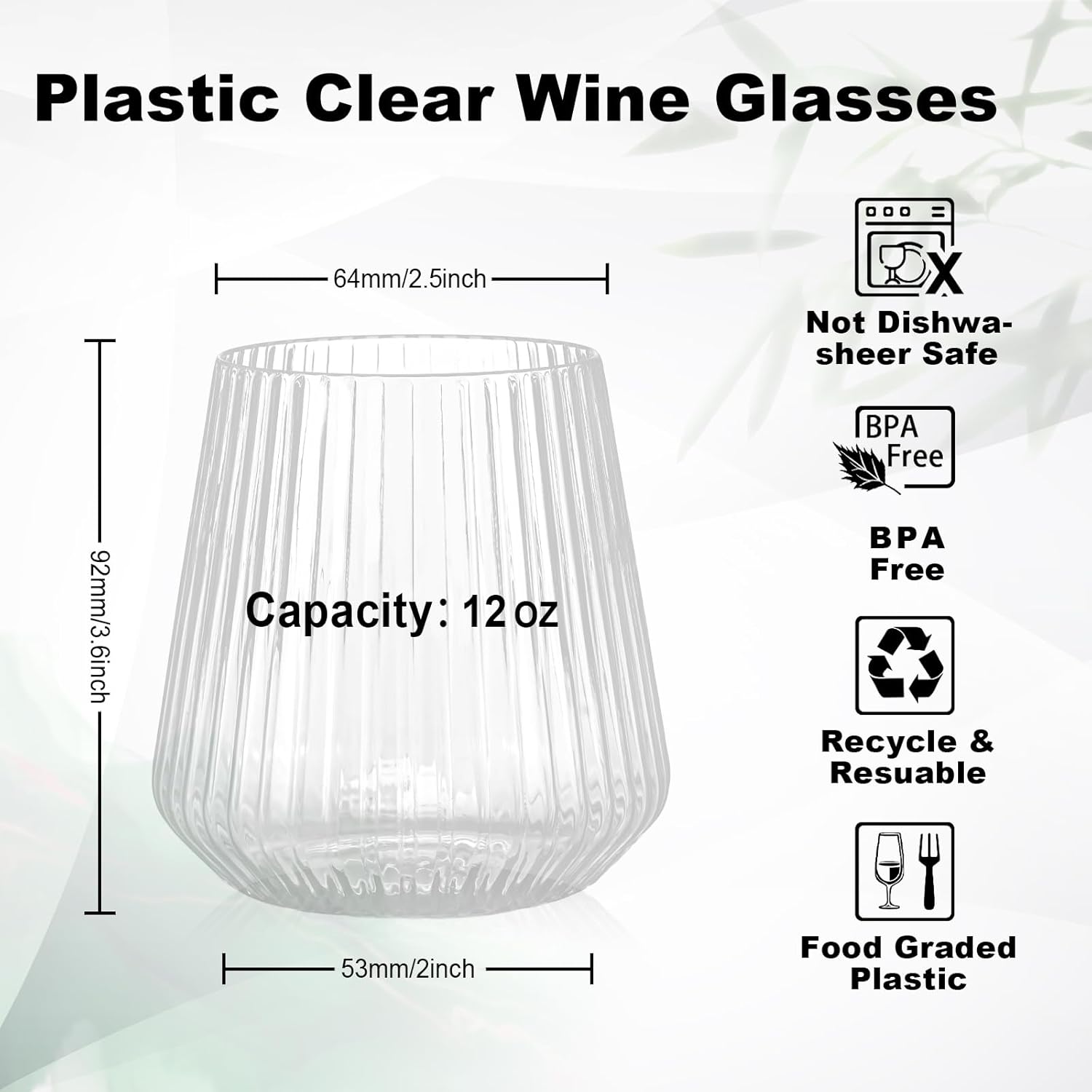 BESTSTAR 36 Pcs 12 oz Plastic Clear Ribbed Wine Glasses, Origami Ripple