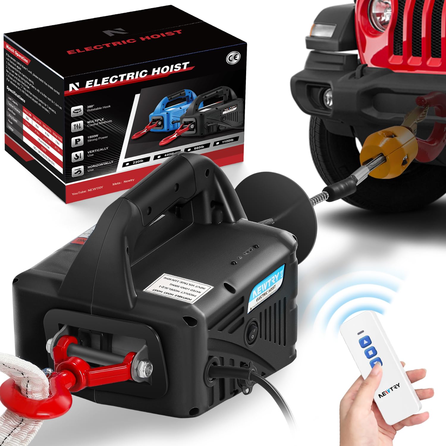 NEWTRY 3 in 1 Electric Hoist Winch 1,100lb Wireless Remote Control, Cable