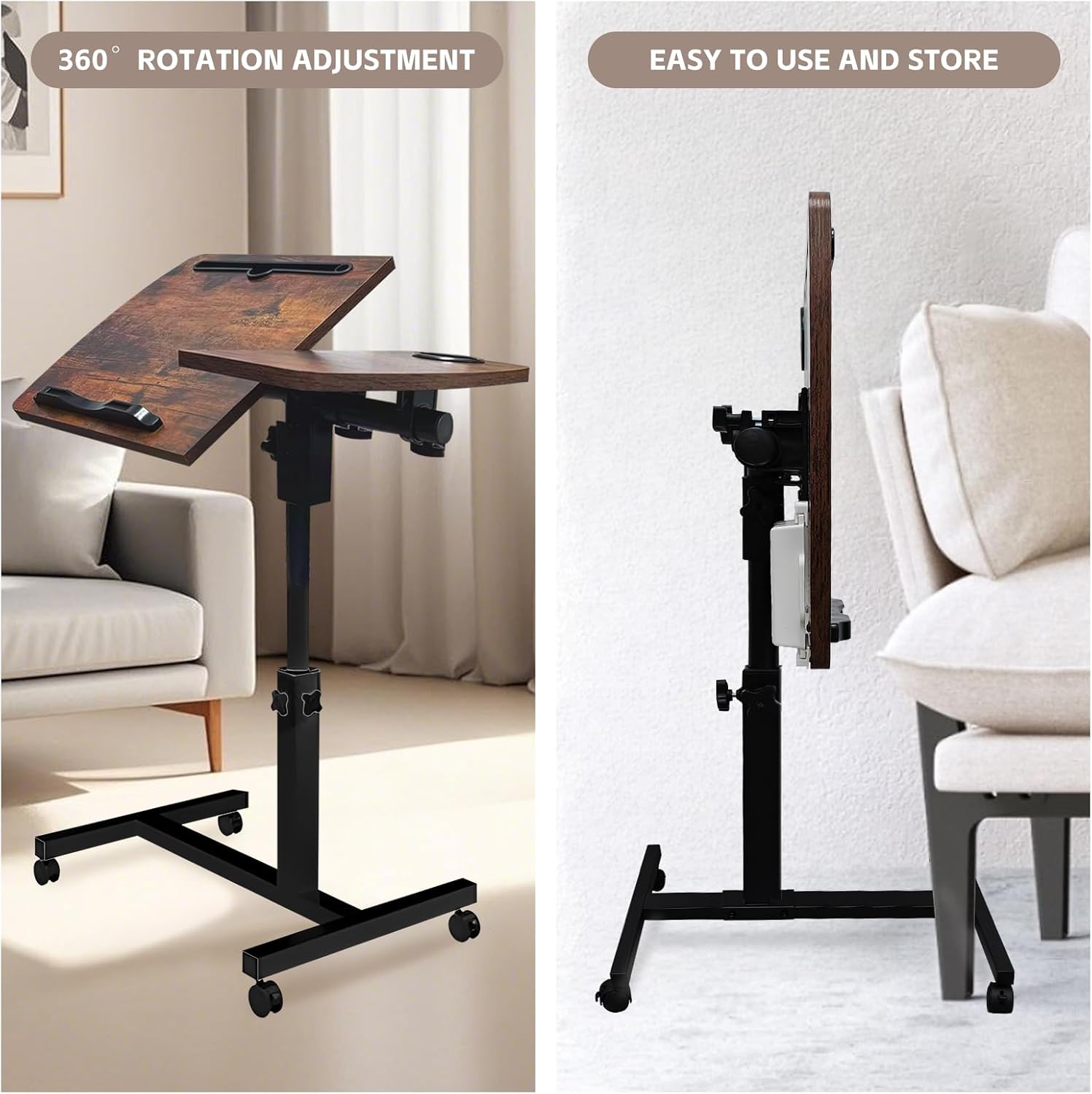 YAQUHO Overbed Table with Wheels Adjustable Height, Tiltable Desktop with Tray