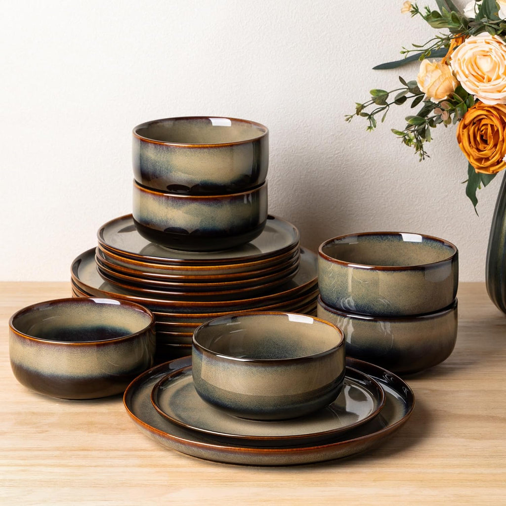 TheTerra Ceramic Dinnerware Sets for 6, 18 Pieces Handmade Reactive Glaze