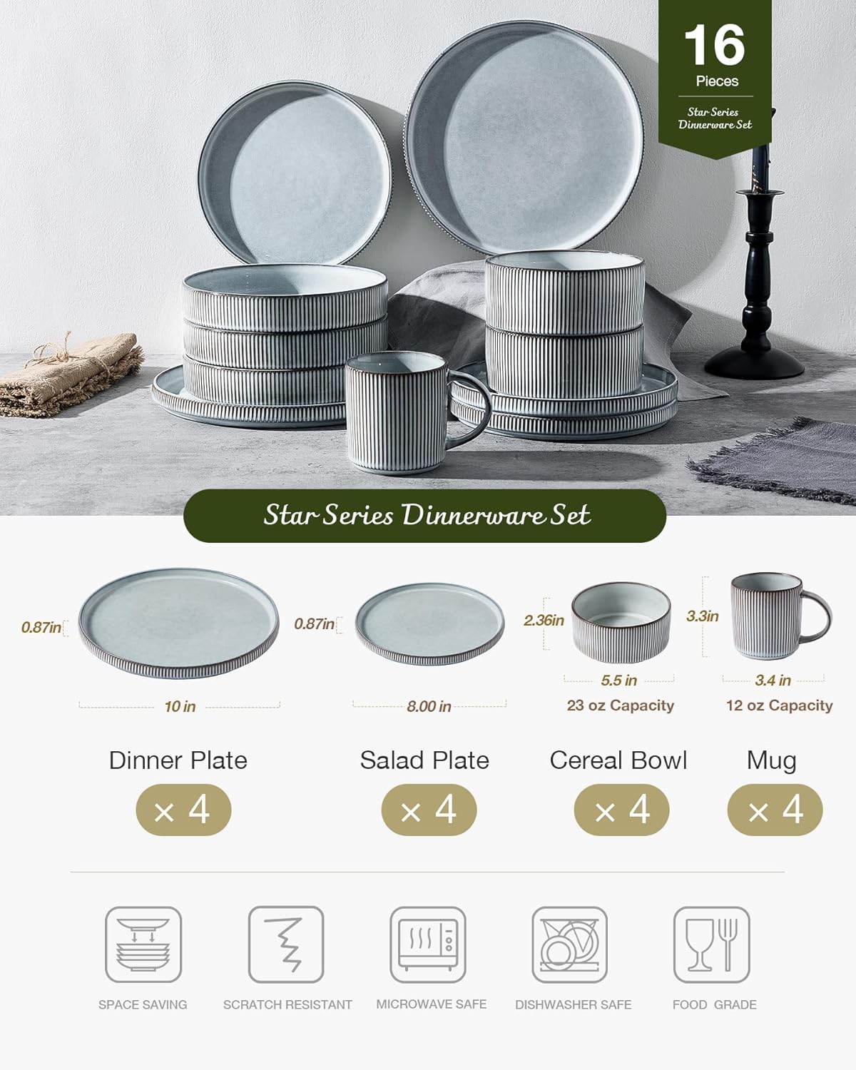 Famiware Star Dinnerware Set with Mugs, Service for 4 , Ribbed Stoneware Plates