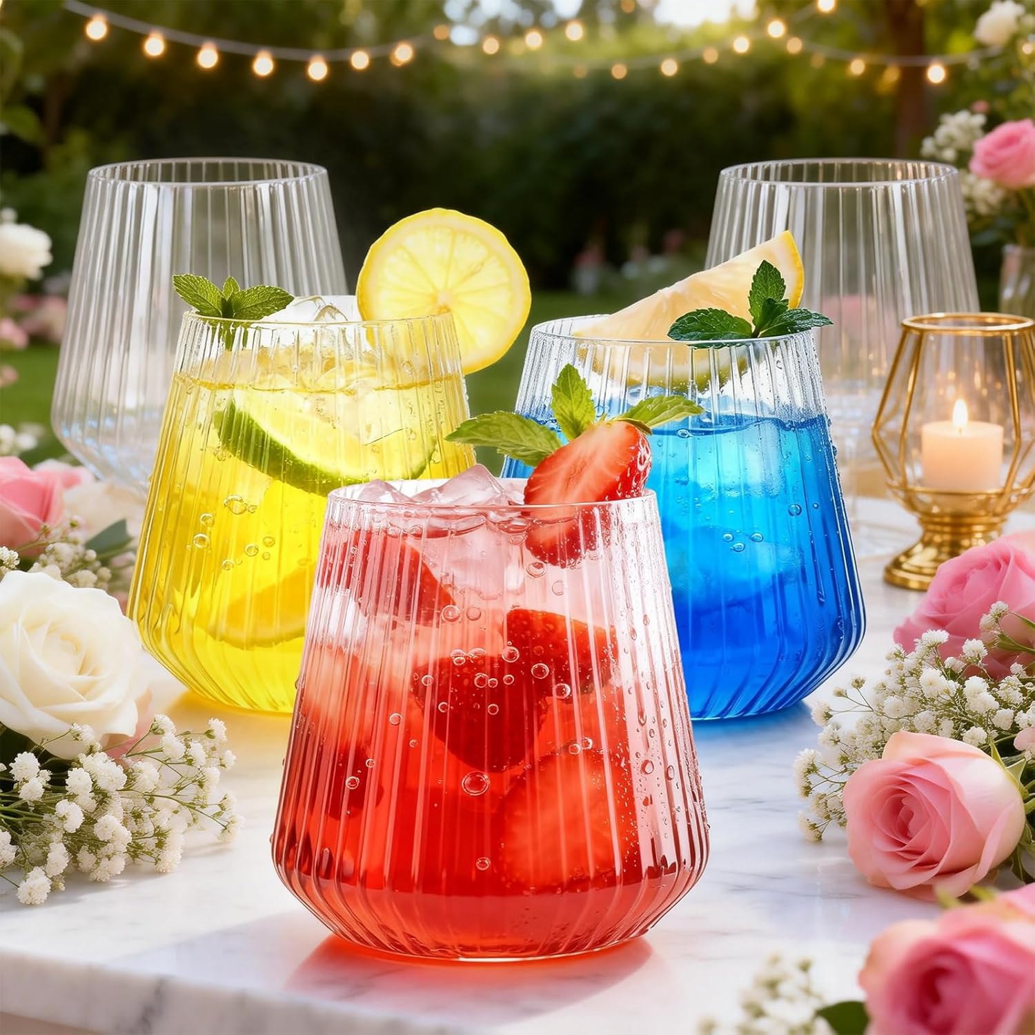 BESTSTAR 36 Pcs 12 oz Plastic Clear Ribbed Wine Glasses, Origami Ripple
