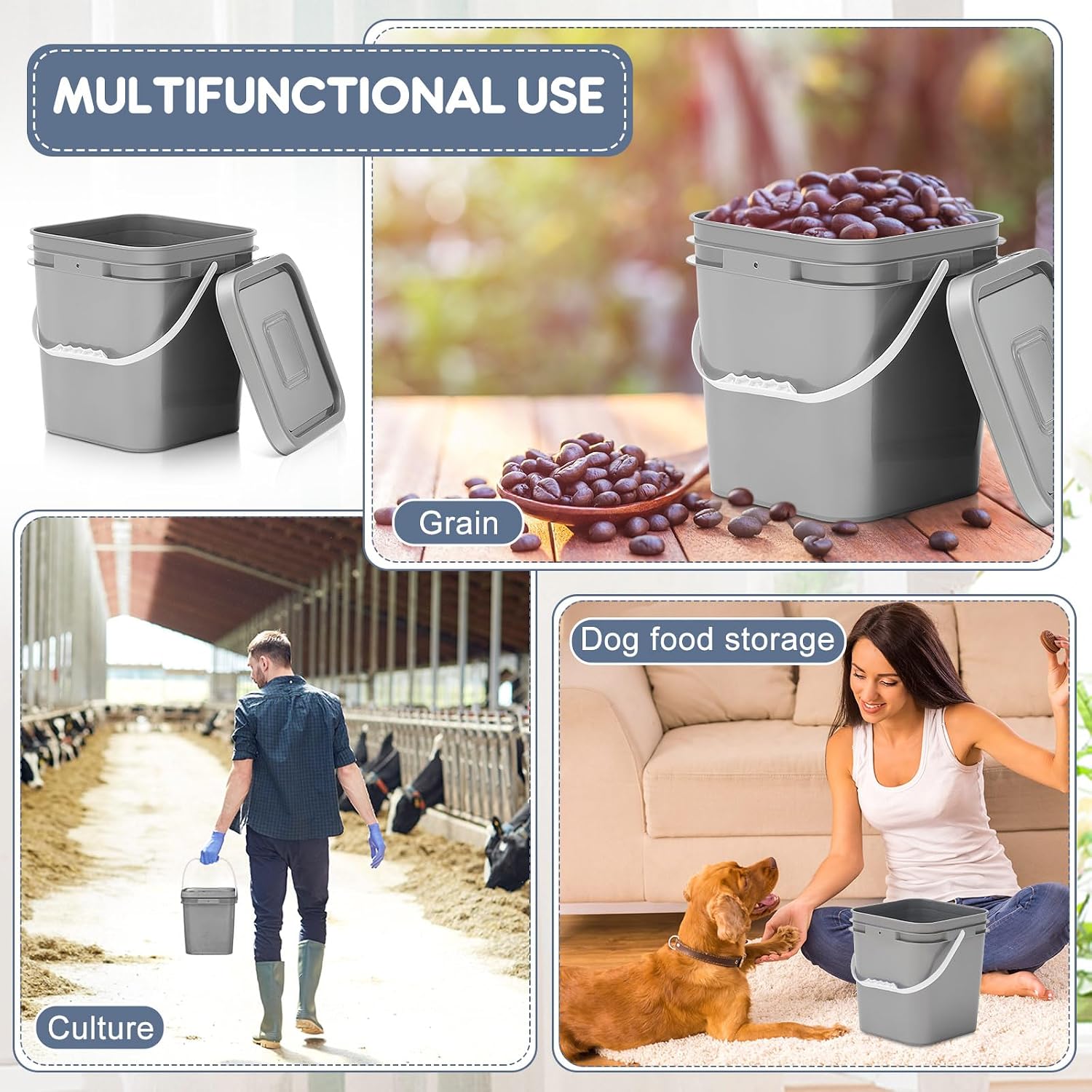 Mumufy 8 Pcs 3.5 Gallon Square Food Grade Bucket with Lid Square Bucket Pail