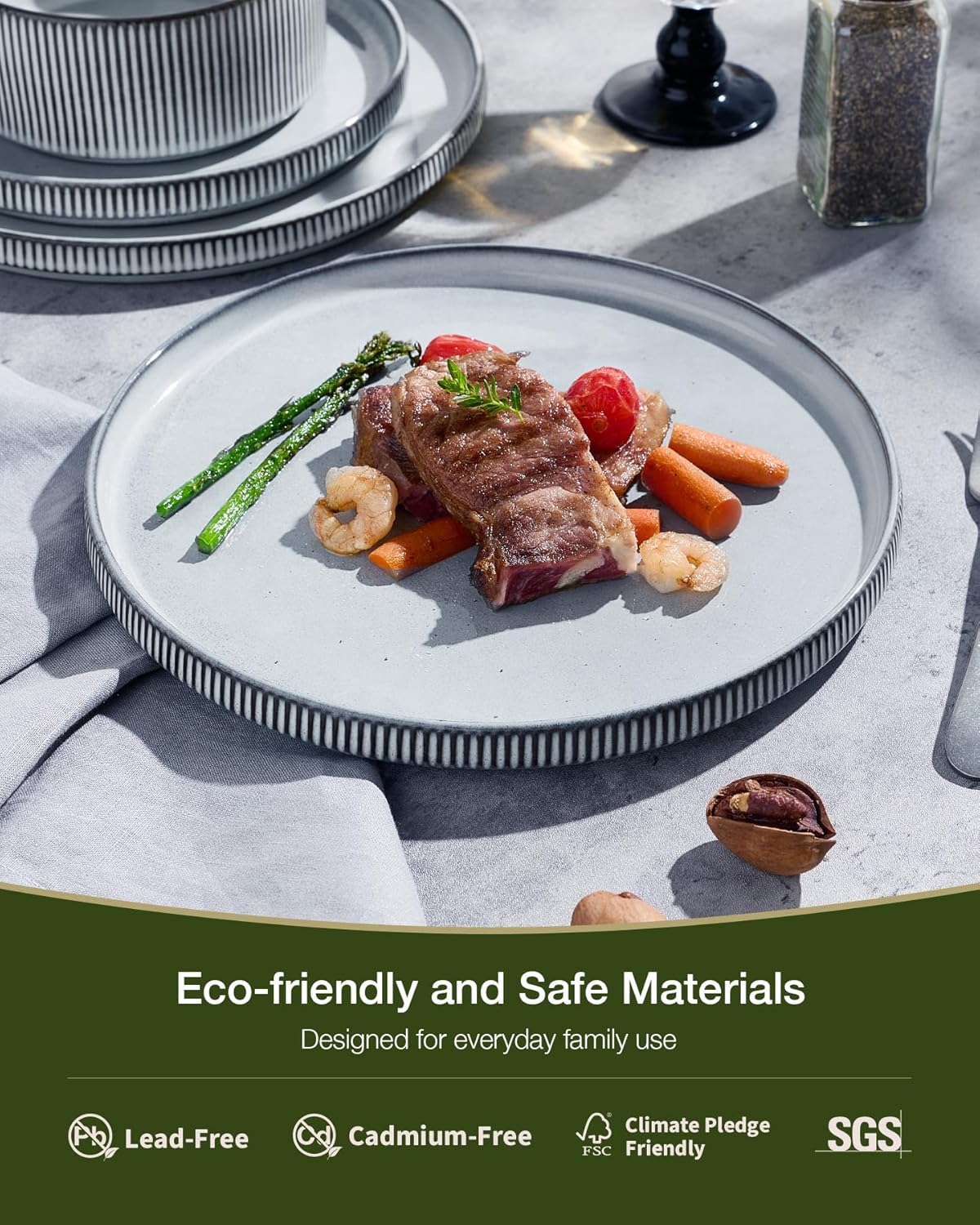 Famiware Star Dinnerware Set with Mugs, Service for 4 , Ribbed Stoneware Plates
