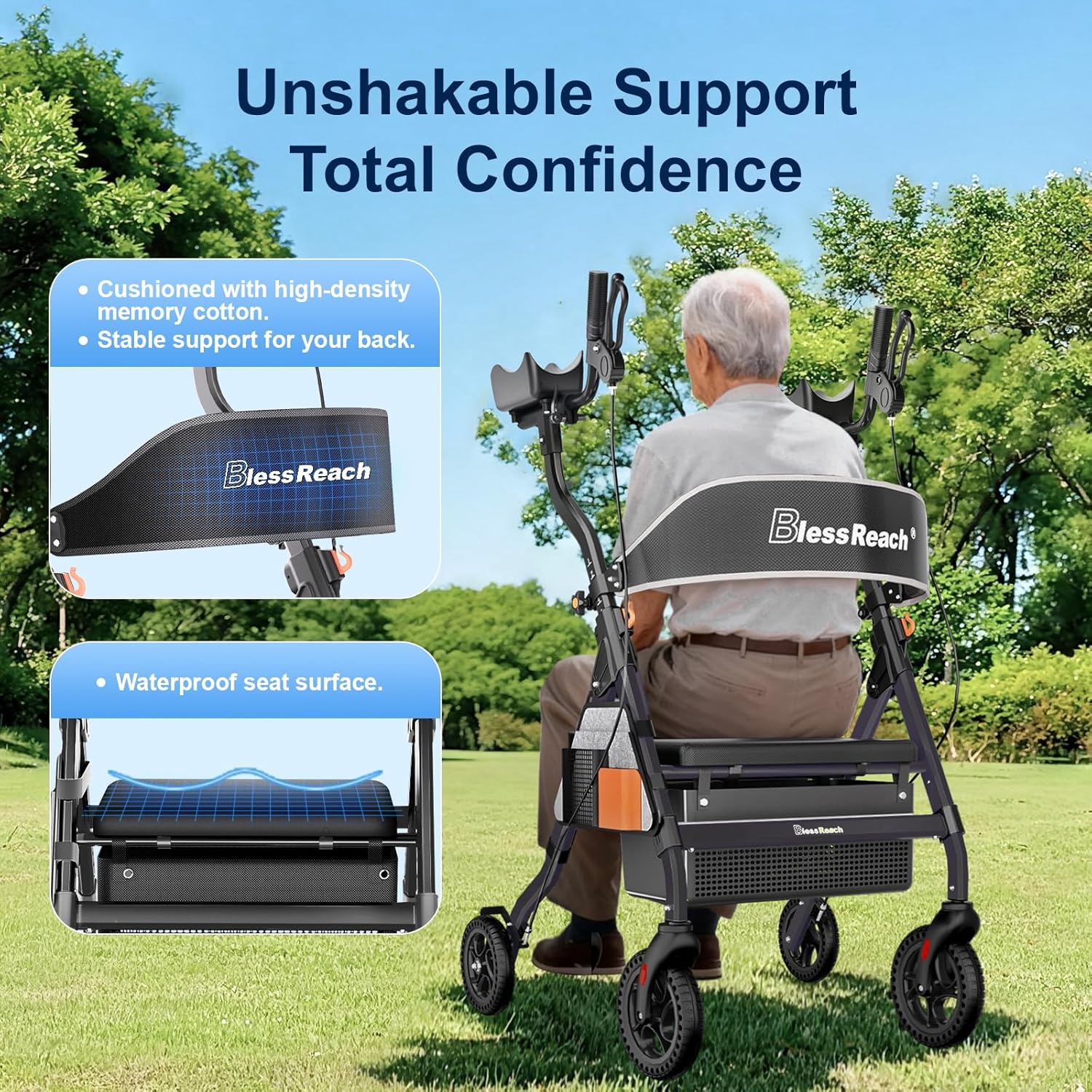 BlessReach Heavy Duty Upright Rollator Walker for Seniors, 450lb Capacity, 6