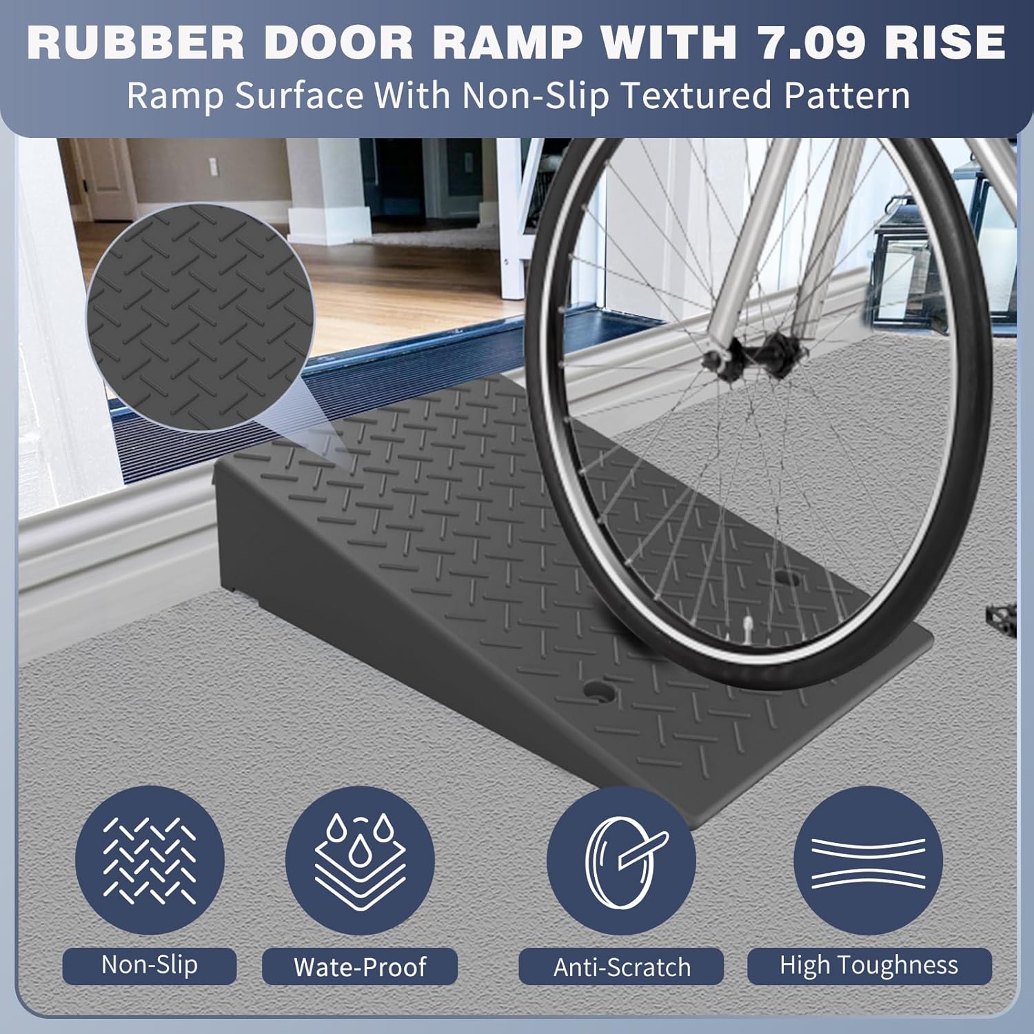 Rubber Threshold Ramp 7.09 Inch Rise, Wheelchair Rubber Door Ramp with Non-Slip