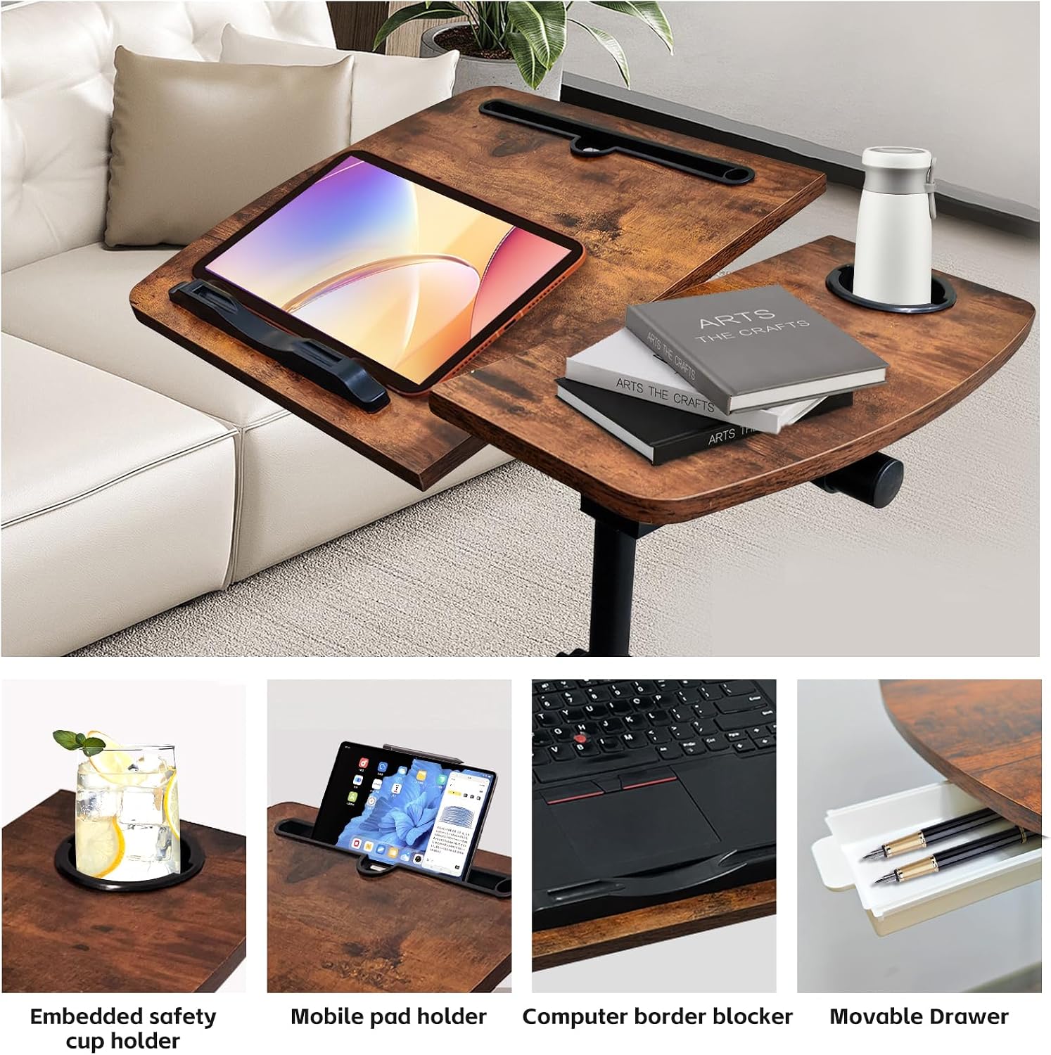 YAQUHO Overbed Table with Wheels Adjustable Height, Tiltable Desktop with Tray