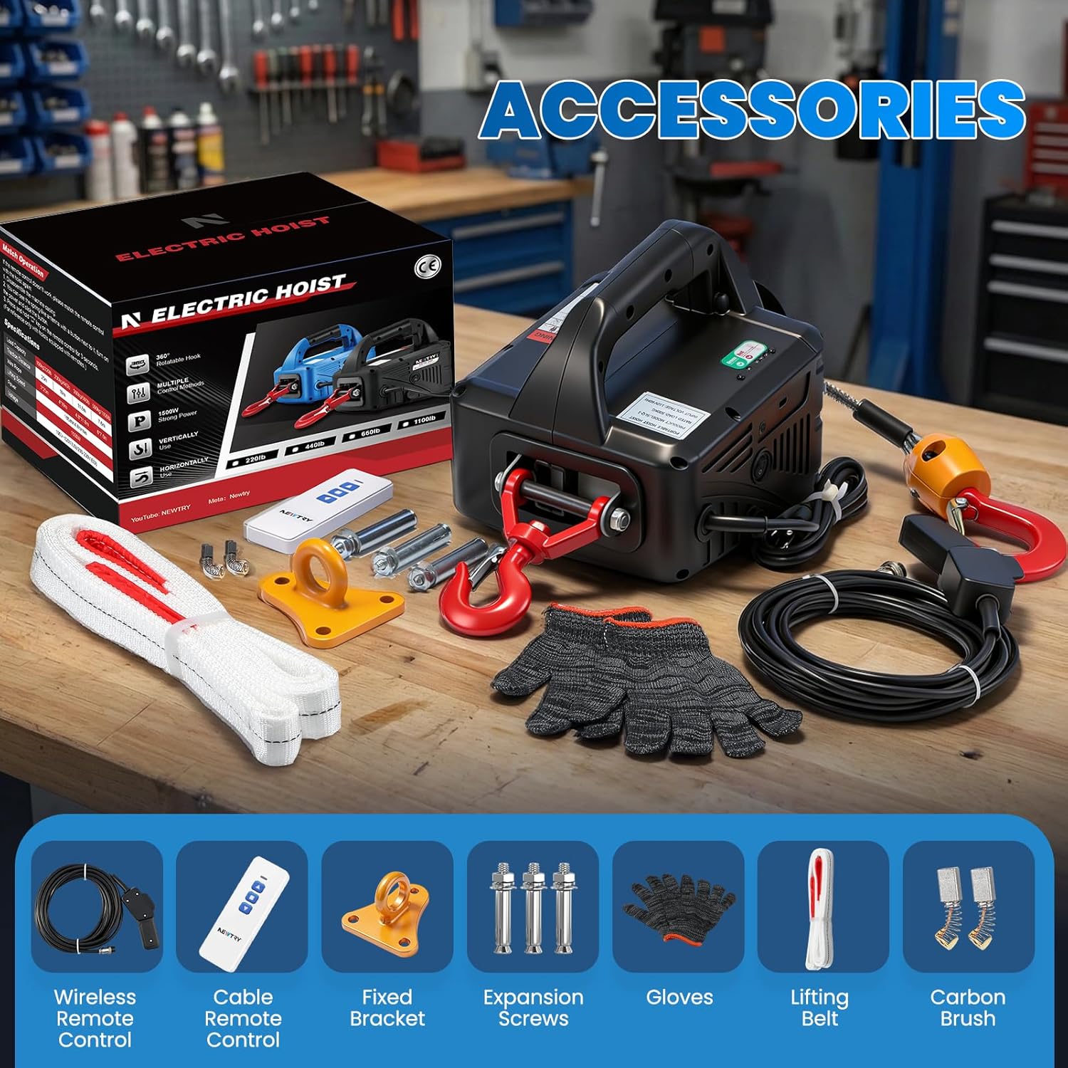 NEWTRY 3 in 1 Electric Hoist Winch 1,100lb Wireless Remote Control, Cable