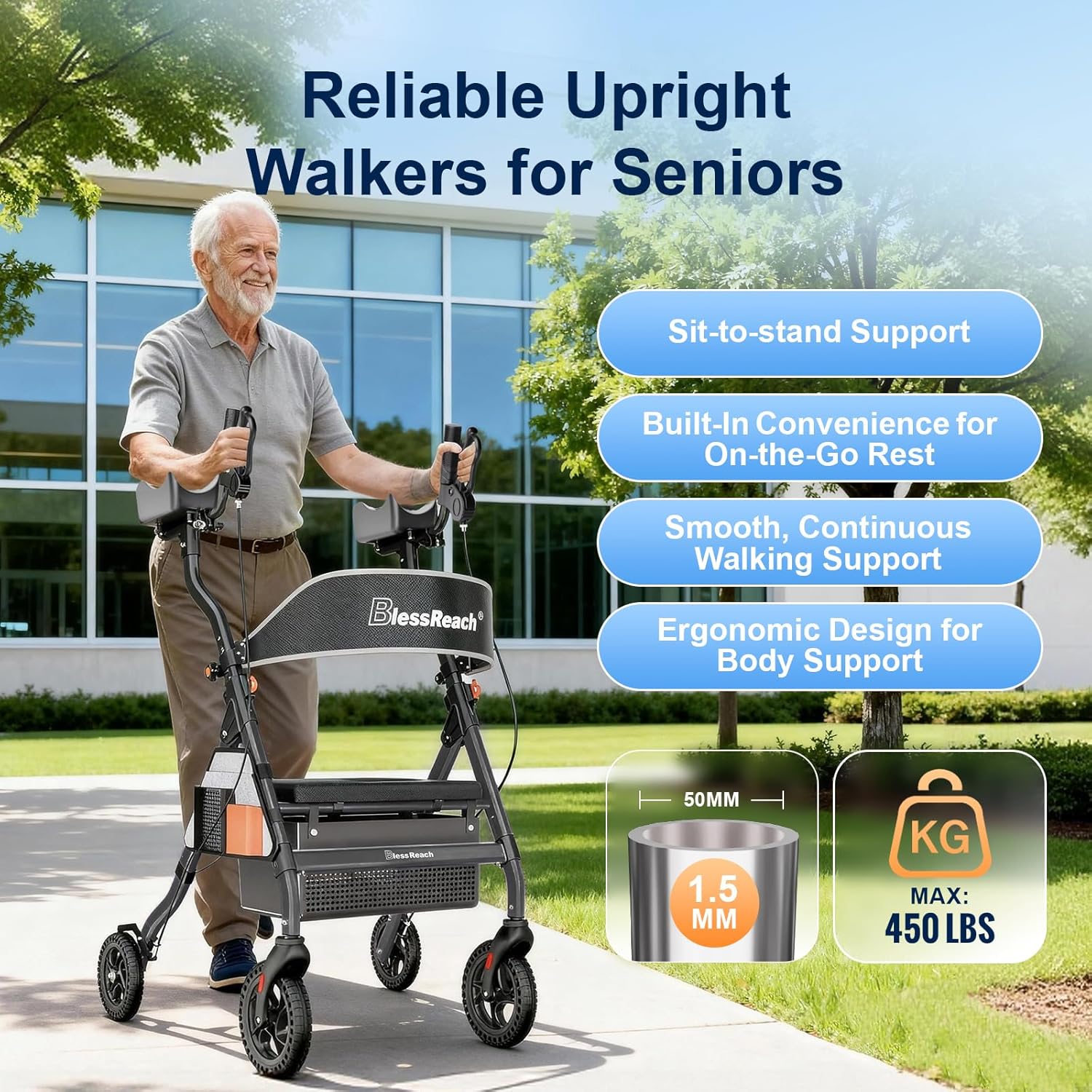 BlessReach Heavy Duty Upright Rollator Walker for Seniors, 450lb Capacity, 6