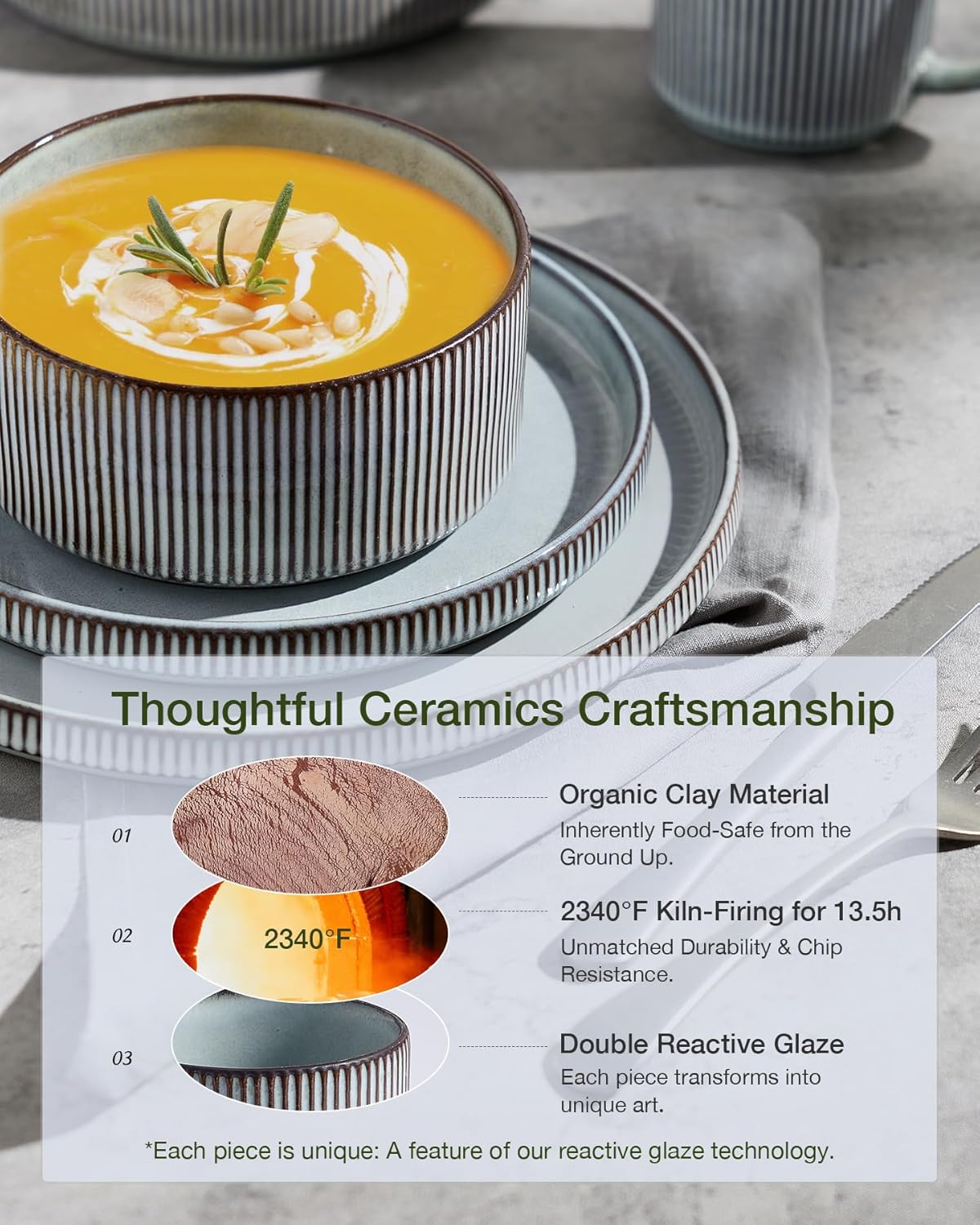 Famiware Star Dinnerware Set with Mugs, Service for 4 , Ribbed Stoneware Plates