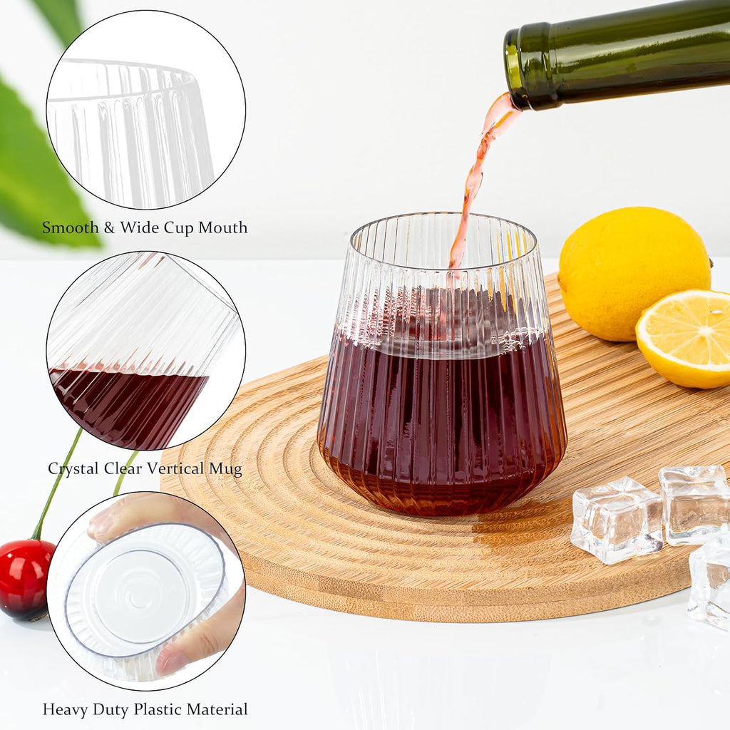 BESTSTAR 36 Pcs 12 oz Plastic Clear Ribbed Wine Glasses, Origami Ripple